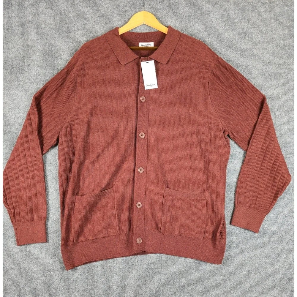 Goodfellow & Co Mens Collared Cardigan Sweater Brown XL Ribbed Knit Button Front